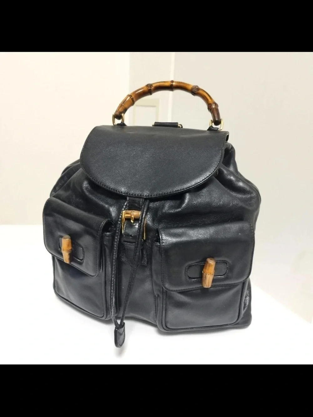 Gucci Black Leather Backpack with Bamboo Handle